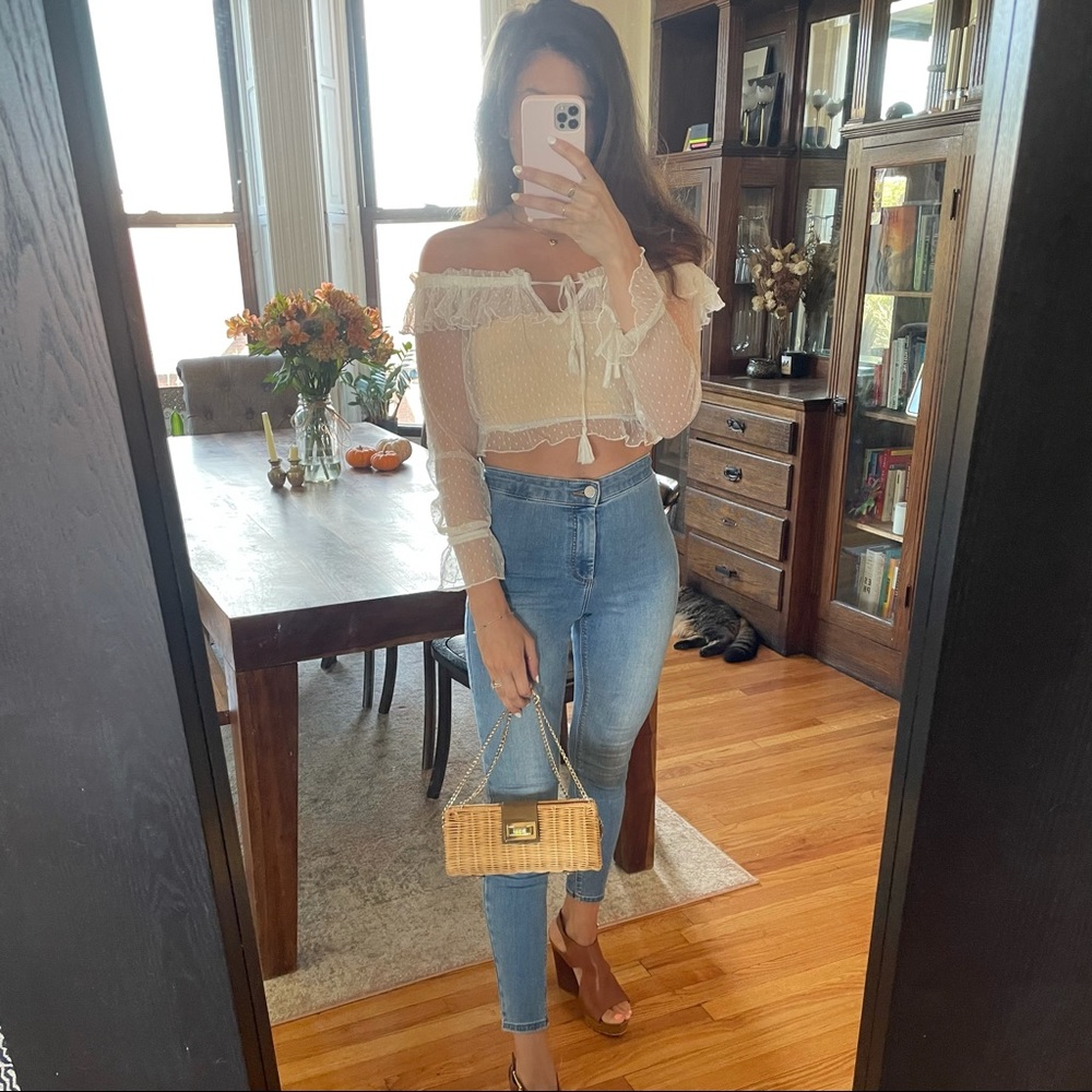 Kendall & Kylie Swiss Dot Off-The-Shoulder Sheer Crop Blouse